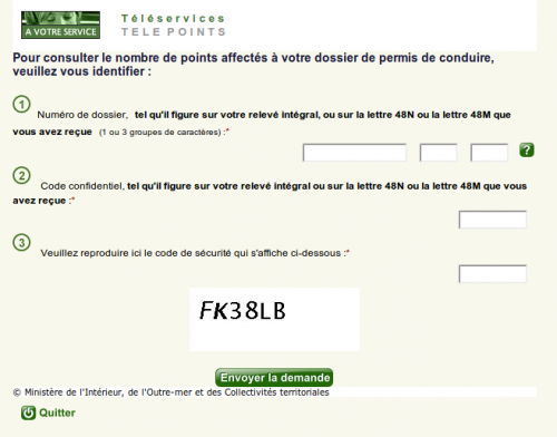 Voici la page de « consultation » des points de son permis de conduire selon le ministre de l'Intérieur